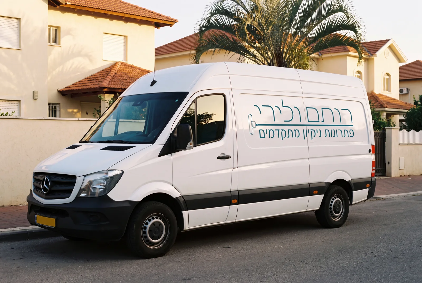 רכב העבודה של רותם ולירי עם לוגו החברה על הדופן, ברחוב בהוד השרון