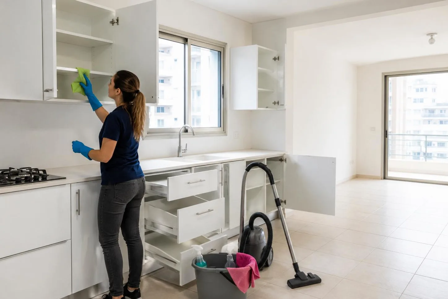 ניקוי ארונות מטבח מבפנים בדירה ריקה לפני כניסת דיירים